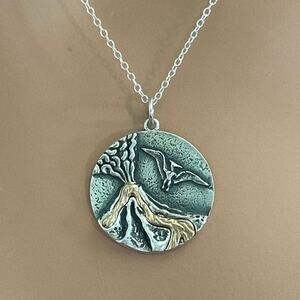 Sterling Silver Erupting Volcano Necklace with Bronze Lava and Pterodactyl